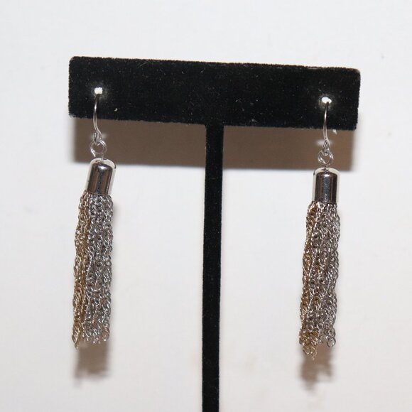 Beautiful silver and gold chain tassel dangling hook earrings 2" - Picture 1 of 4